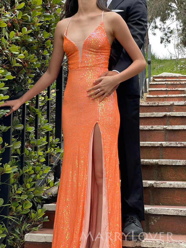 Orange Sequins Mermaid Spaghetti Straps Long Evening Prom Dresses, MR9 MarryLover Orange Sequins Mermaid Spaghetti Straps Long Evening Prom Dresses, MR9 MarryLover