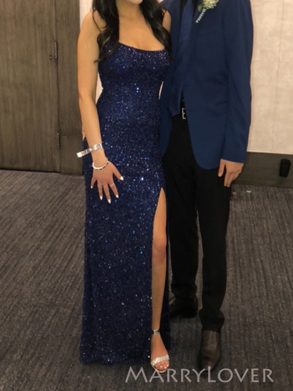 Elegant Navy Blue Sequins Spaghetti Straps Long Evening Prom Dresses, MarryLover Elegant Navy Blue Sequins Spaghetti Straps Long Evening Prom Dresses, MarryLover
