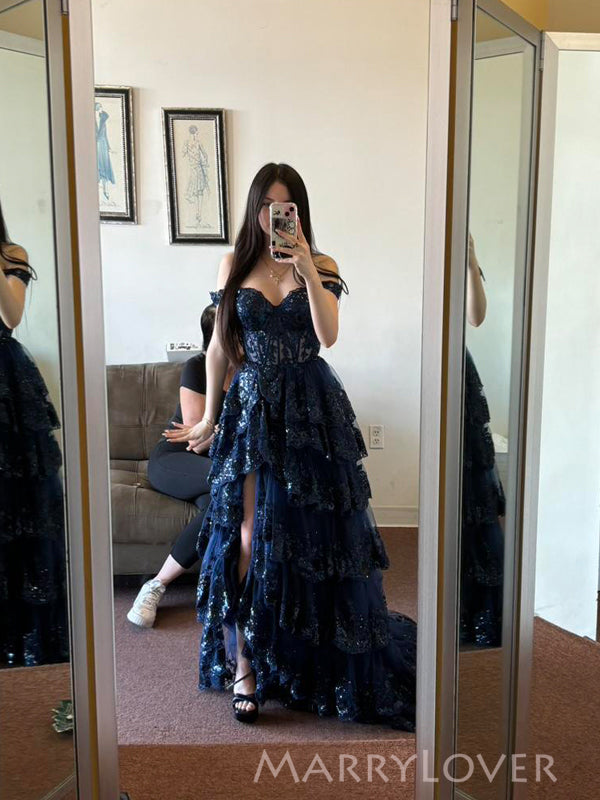 Unique Navy Blue Tulle Appliques A-line Off Shoulder Long Evening Prom MarryLover Unique Navy Blue Tulle Appliques A-line Off Shoulder Long Evening Prom MarryLover