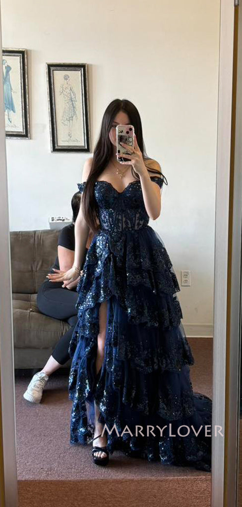 Unique Navy Blue Tulle Appliques A-line Off Shoulder Long Evening Prom Dresses, MR9191