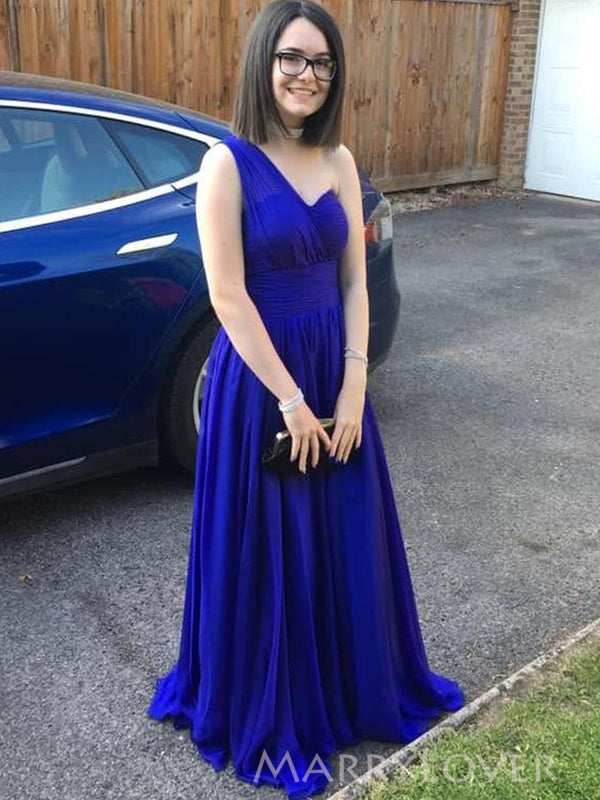 Floor-length Royal Blue Chiffon A-line One Shoulder Long Evening Prom MarryLover Floor-length Royal Blue Chiffon A-line One Shoulder Long Evening Prom MarryLover