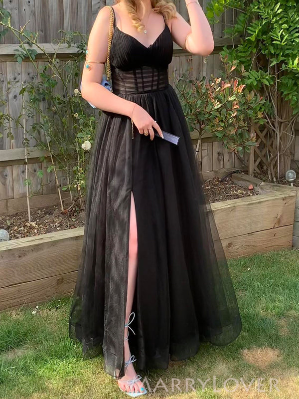 V-neck Black Tulle A-line Long Evening Prom Dresses, Side Slit Custom MarryLover V-neck Black Tulle A-line Long Evening Prom Dresses, Side Slit Custom MarryLover