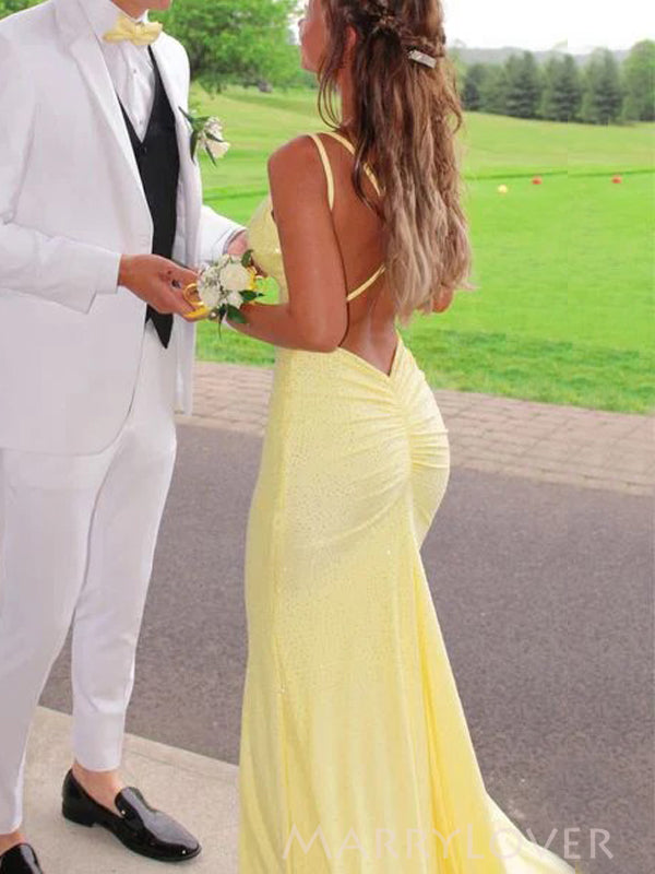 Yellow Backless Mermaid Sparkly V-neck Long Evening Prom Dresses, MR9220 Yellow Backless Mermaid Sparkly V-neck Long Evening Prom Dresses, MR9220