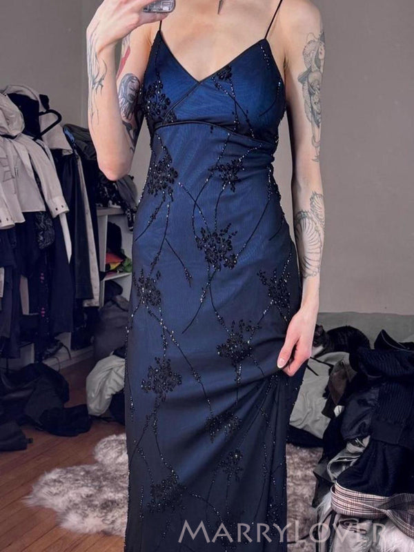 Black Blue Spaghetti Straps V-neck Tulle Long Evening Prom Dresses, MR MarryLover Black Blue Spaghetti Straps V-neck Tulle Long Evening Prom Dresses, MR MarryLover