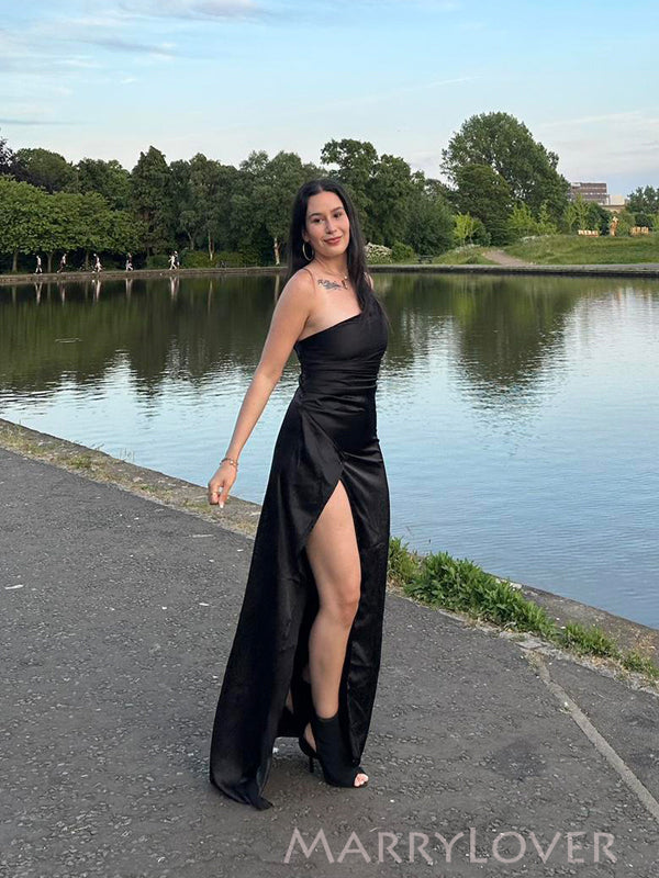 Black Satin One Shoulder High Slit Long Evening Prom Dresses, MR9248 MarryLover Black Satin One Shoulder High Slit Long Evening Prom Dresses, MR9248 MarryLover