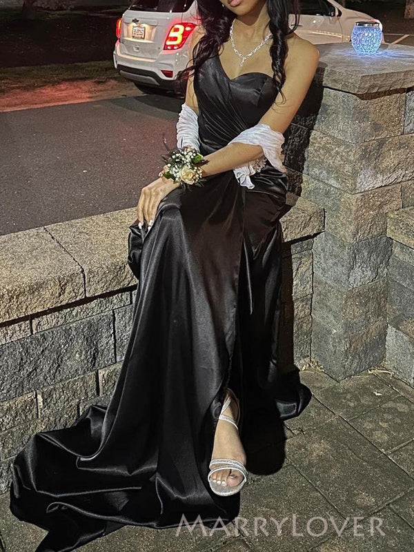 One Shoulder Black Satin Long Evening Prom Dresses, Side Slit Prom Dre MarryLover One Shoulder Black Satin Long Evening Prom Dresses, Side Slit Prom Dre MarryLover