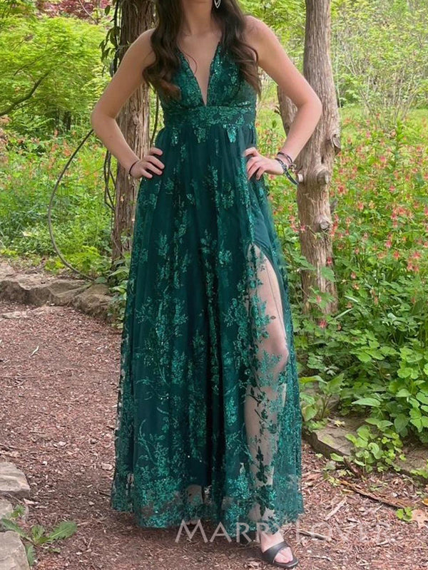 A-line Green Lace V-neck Long Evening Prom Dresses, Tulle Prom Dress, MarryLover A-line Green Lace V-neck Long Evening Prom Dresses, Tulle Prom Dress, MarryLover