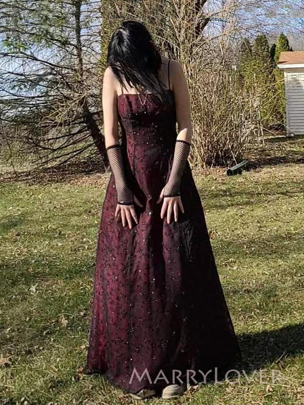 A-line Black Spaghetti Straps Lace Long Evening Prom Dresses, MR9305 MarryLover A-line Black Spaghetti Straps Lace Long Evening Prom Dresses, MR9305 MarryLover