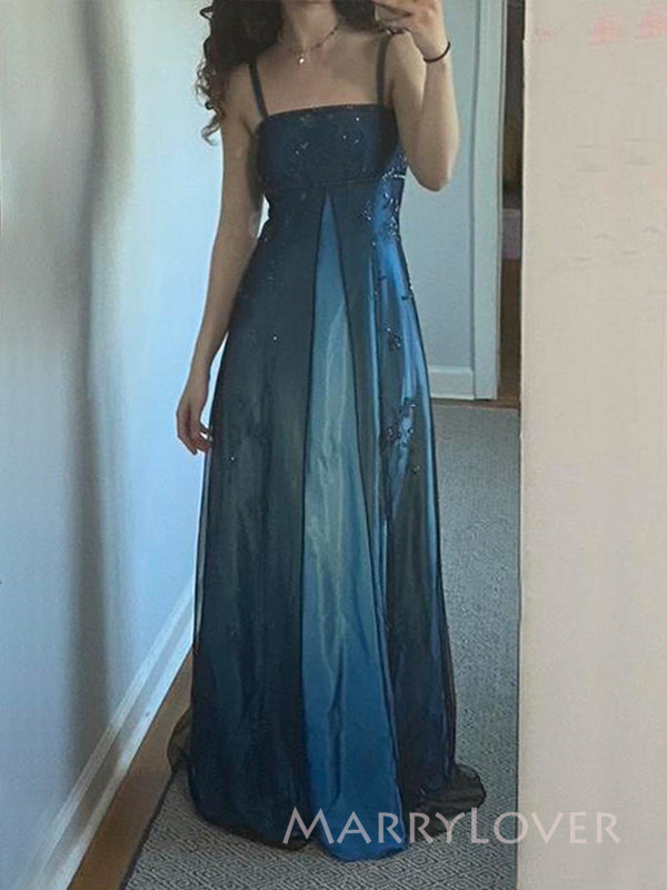 Spaghetti Straps A-line Blue Satin Tulle Long Evening Prom Dresses, MR MarryLover Spaghetti Straps A-line Blue Satin Tulle Long Evening Prom Dresses, MR MarryLover