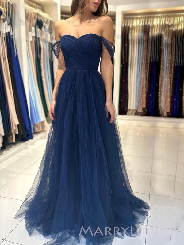Off Shoulder Navy Blue Tulle Long Evening Prom Dresses, A-line Prom Dr MarryLover Off Shoulder Navy Blue Tulle Long Evening Prom Dresses, A-line Prom Dr MarryLover