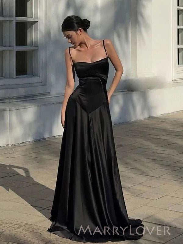 Elegant Black Satin A-line Long Evening Prom Dresses, MR9347 MarryLover Elegant Black Satin A-line Long Evening Prom Dresses, MR9347 MarryLover