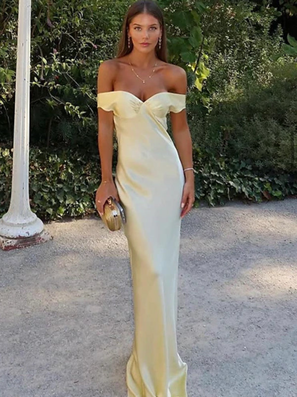 Off Shoulder Yellow Satin Mermaid Long Evening Prom Dresses, MR9359 – MarryLover Off Shoulder Yellow Satin Mermaid Long Evening Prom Dresses, MR9359 – MarryLover
