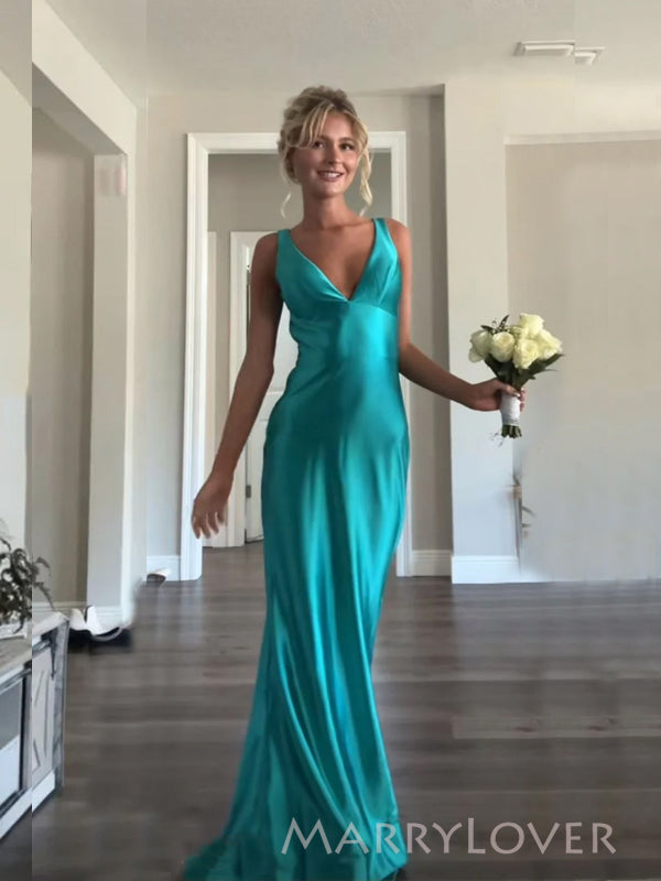 Simple Blue Satin Mermaid Long Evening Prom Dresses, V-neck Prom Dress MarryLover Simple Blue Satin Mermaid Long Evening Prom Dresses, V-neck Prom Dress MarryLover
