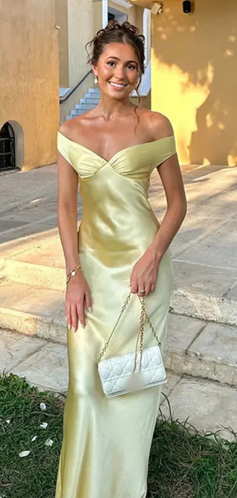 Popular Yellow Satin Mermaid Long Evening Prom Dresses, Backless Prom Dress, MR9364