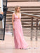 Pink Chiffon A-line Deep V-neck Long Evening Prom Dresses, MR9374