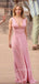 Pink Chiffon A-line Deep V-neck Long Evening Prom Dresses, MR9374