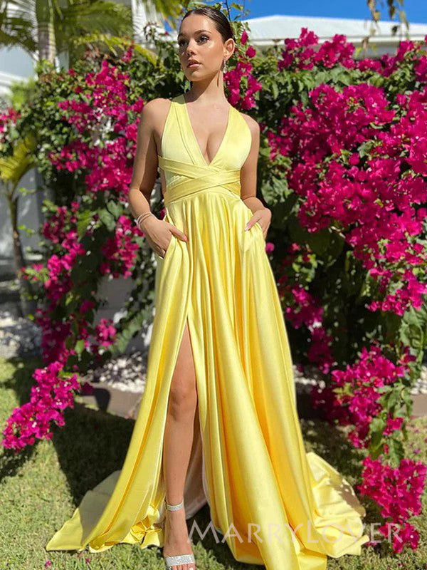 Lovely Yellow Satin A-line Long Evening Prom Dresses, Deep V-neck Prom MarryLover Lovely Yellow Satin A-line Long Evening Prom Dresses, Deep V-neck Prom MarryLover