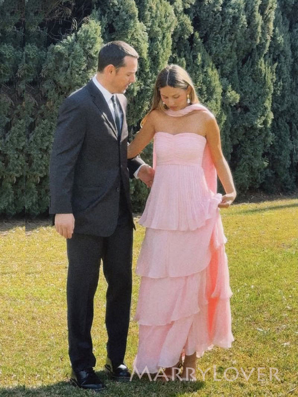 Pink Chiffon Sweetheart A-line Long Evening Prom Dresses, MR9392