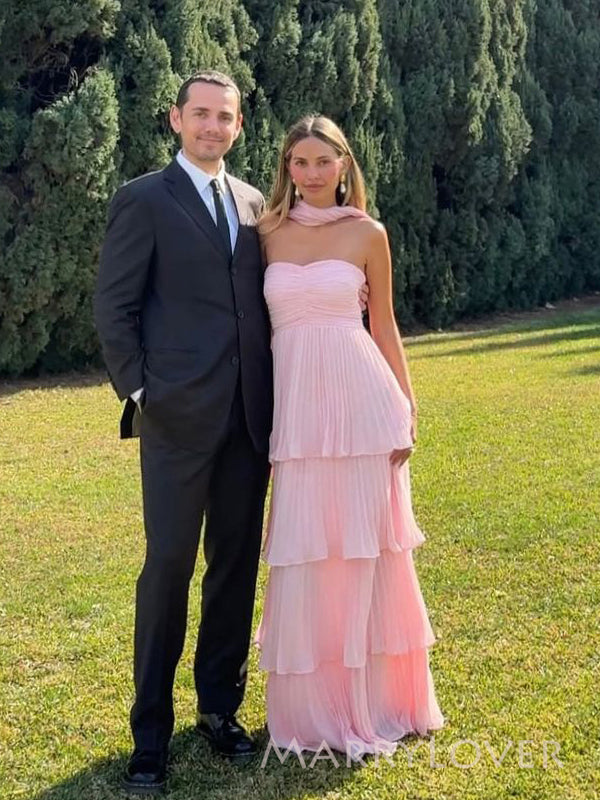 Pink Chiffon Sweetheart A-line Long Evening Prom Dresses, MR9392