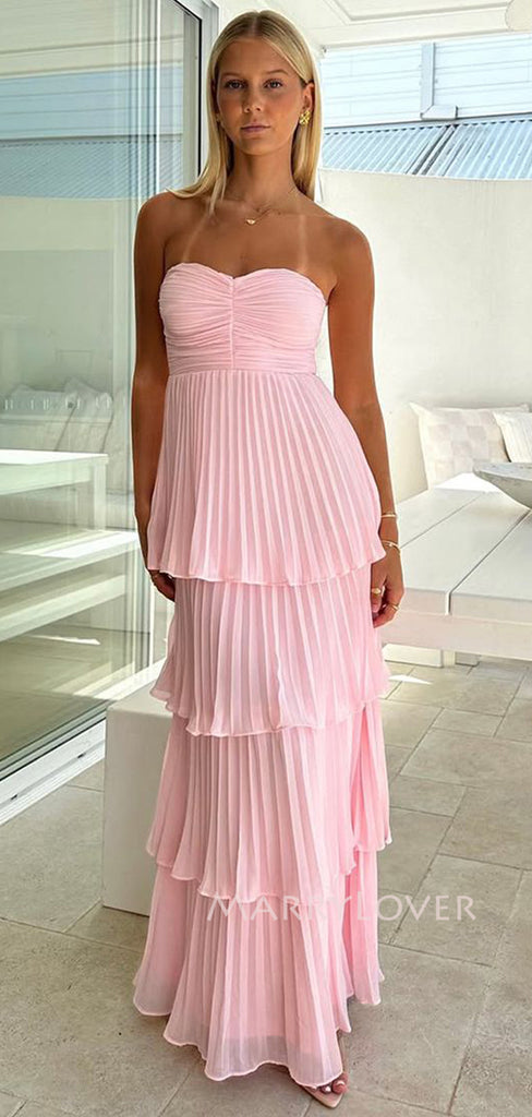 Pink Chiffon Sweetheart A-line Long Evening Prom Dresses, MR9392