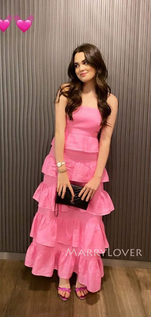 Popular Pink A-line Spaghetti Straps Long Evening Prom Dresses, MR9414