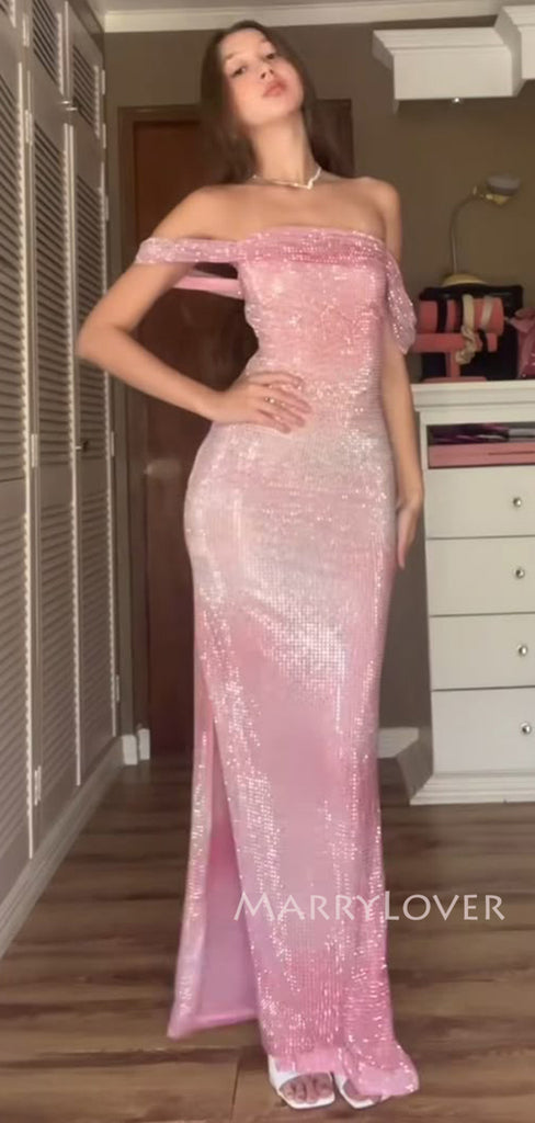 Off Shoulder Pink Mermaid Side Slit Long Evening Prom Dresses, Sparkly Prom Dress, MR9420
