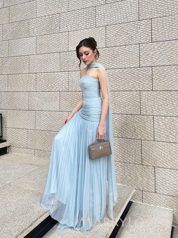 Mermaid Blue Chiffon Strapless Long Evening Prom Dresses, MR9466 – MarryLover