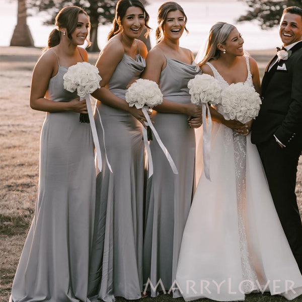 Simple Silver Grey Spaghetti Straps Side Slit Long Bridesmaid Dresses MarryLover Simple Silver Grey Spaghetti Straps Side Slit Long Bridesmaid Dresses MarryLover