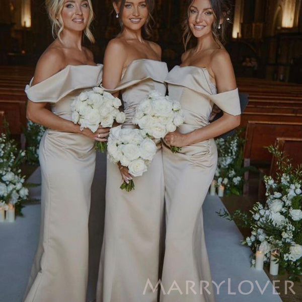 Off Shoulder Champagne Satin Mermaid Long Bridesmaid Dresses , MRB0014