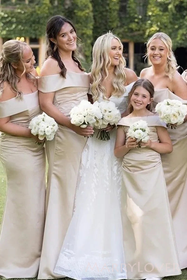 Off Shoulder Champagne Satin Mermaid Long Bridesmaid Dresses , MRB0014