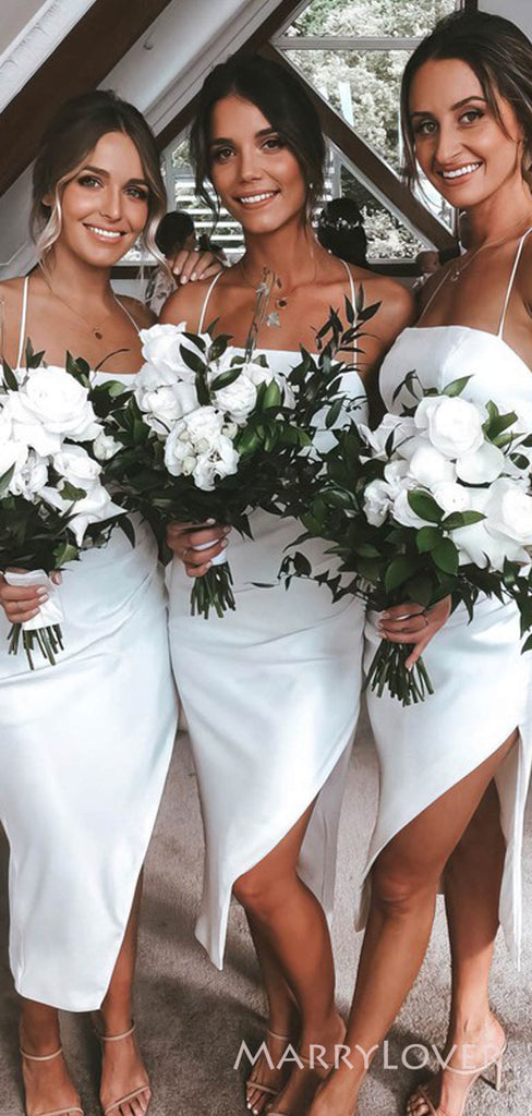 Simple Spaghetti Straps White Mermaid Long Bridesmaid Dresses , Short Bridasmaid Dress, MRB0016