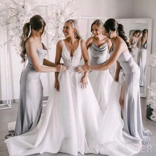 white and silver dresses for bridesmaids Silver Satin Spaghetti Straps Mermaid Long Bridesmaid Dresses , MRB0021