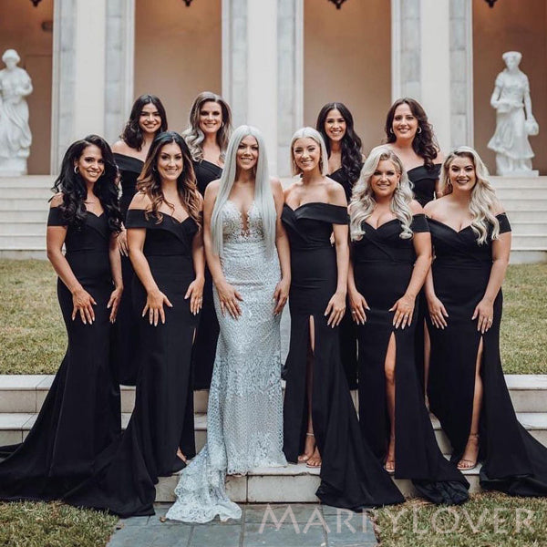Gorgeous Off Shoulder Black Satin Mermaid Side Slit Long Bridesmaid Dresses , MRB0023 Gorgeous Off Shoulder Black Satin Mermaid Side Slit Long Bridesmaid Dresses , MRB0023