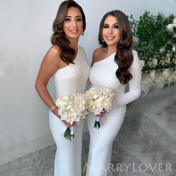 One Shoulder Long Sleeves White Mermaid Long Cheap Bridesmaid Dresses , MRB0024 One Shoulder Long Sleeves White Mermaid Long Cheap Bridesmaid Dresses , MRB0024