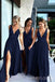 Deep V-neck Navy Blue A-line Long Side Slit Cheap Bridesmaid Dresses , MRB0029