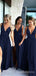 Deep V-neck Navy Blue A-line Long Side Slit Cheap Bridesmaid Dresses , MRB0029