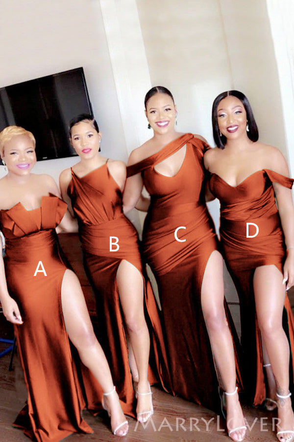 Burnt Orange Satin Mismatched Side Slit Cheap Mermaid Bridesmaid Dresses , MRB0035