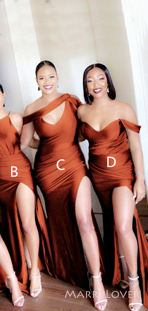Burnt Orange Satin Mismatched Side Slit Cheap Mermaid Bridesmaid Dresses , MRB0035