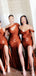 Burnt Orange Satin Mismatched Side Slit Cheap Mermaid Bridesmaid Dresses , MRB0035
