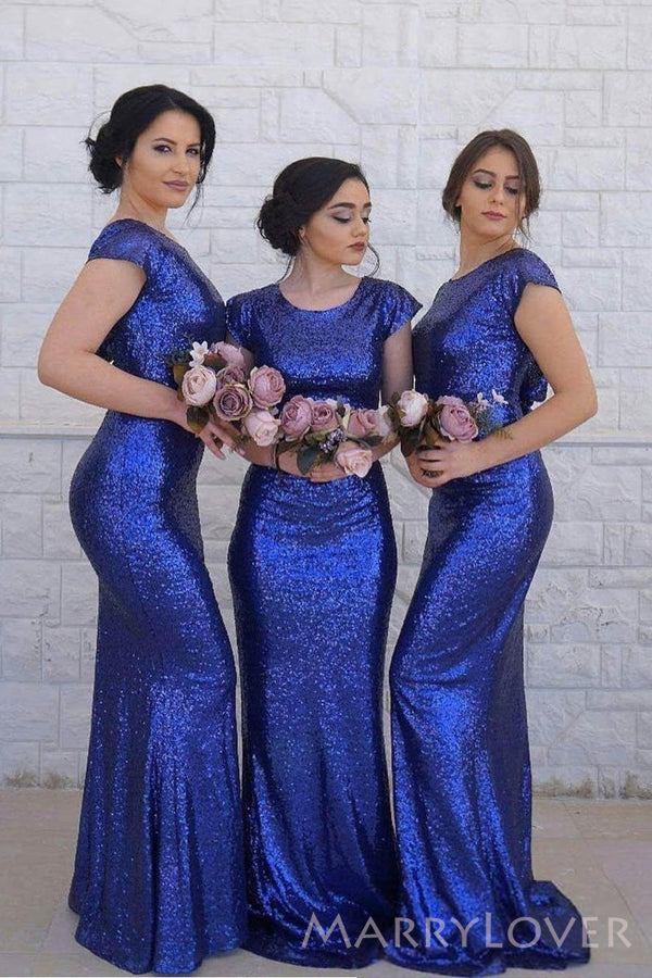 Mermaid Royal Blue Sequins Cheap Long Custom Bridesmaid Dresses , MRB0052