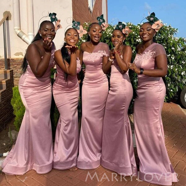 One Shoulder Mermaid Satin Appliques Cheap Long Custom Bridesmaid Dres MarryLover One Shoulder Mermaid Satin Appliques Cheap Long Custom Bridesmaid Dres MarryLover