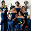 Off Shoulder Navy Blue Mermaid Satin Cheap Long Custom Bridesmaid Dresses , MRB0073