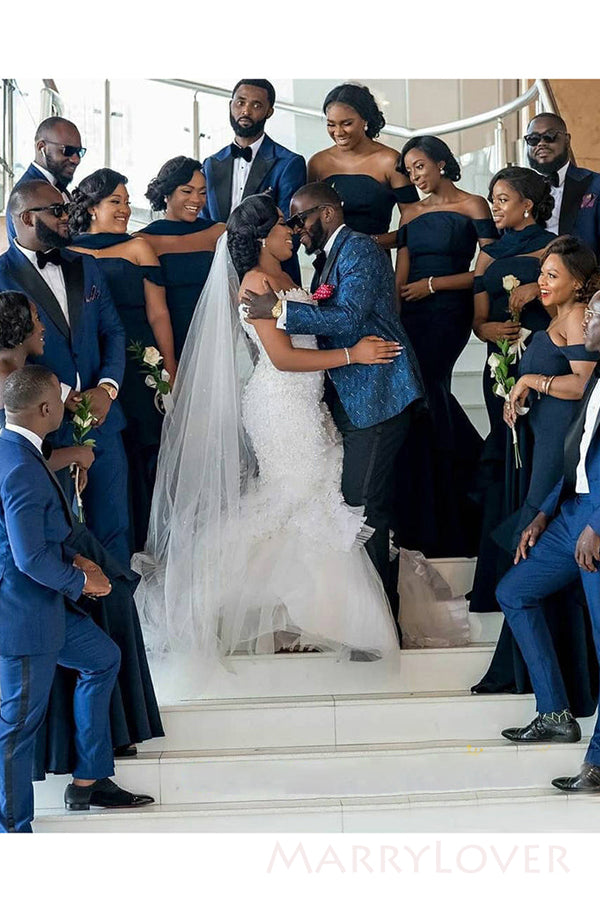 Off Shoulder Navy Blue Mermaid Satin Cheap Long Custom Bridesmaid Dresses , MRB0073