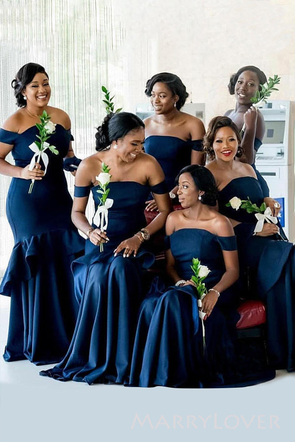 Off Shoulder Navy Blue Mermaid Satin Cheap Long Custom Bridesmaid Dresses , MRB0073