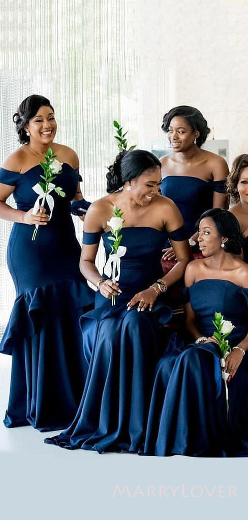 Off Shoulder Navy Blue Mermaid Satin Cheap Long Custom Bridesmaid Dresses , MRB0073