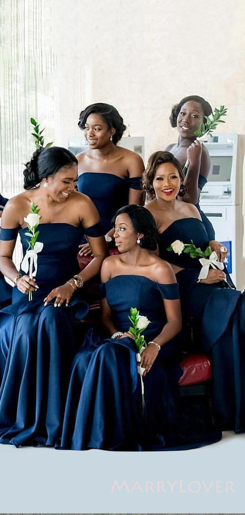 Off Shoulder Navy Blue Mermaid Satin Cheap Long Custom Bridesmaid Dresses , MRB0073