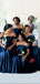 Off Shoulder Navy Blue Mermaid Satin Cheap Long Custom Bridesmaid Dresses , MRB0073