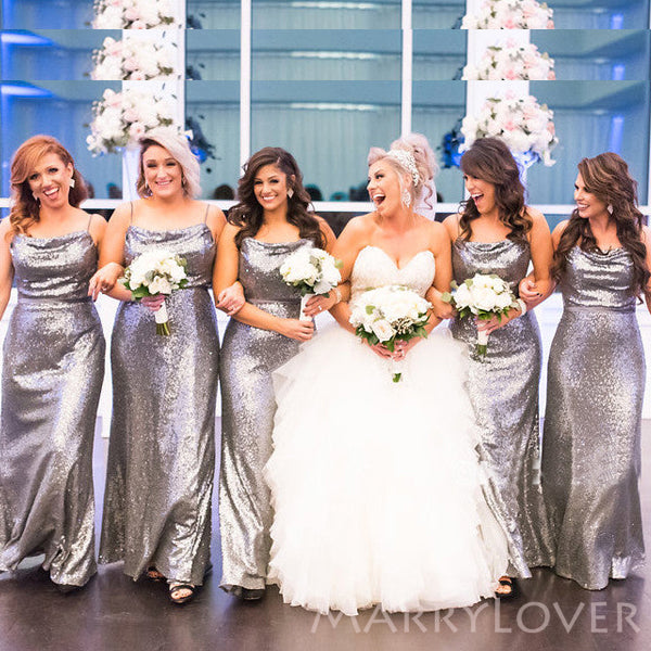 Simple Grey Sequins Mermaid Spaghetti Straps Cheap Long Custom Bridesmaid Dresses , MRB0076 Simple Grey Sequins Mermaid Spaghetti Straps Cheap Long Custom Bridesmaid Dresses , MRB0076