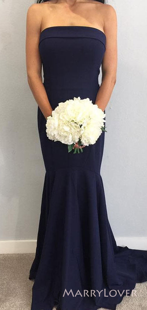Popular Navy Blue Mermaid Strapless Cheap Long Custom Bridesmaid Dresses , MRB0085
