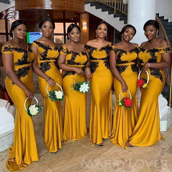 Gold Satin Appliques Mermaid Custom Cheap Off Shoulder Long Custom Bridesmaid Dresses , MRB0104 Gold Satin Appliques Mermaid Custom Cheap Off Shoulder Long Custom Bridesmaid Dresses , MRB0104